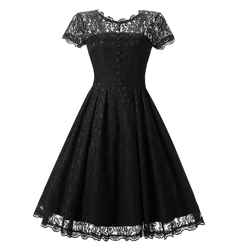 Women's Retro Short Sleeve Lace Slim Party Dress - Black