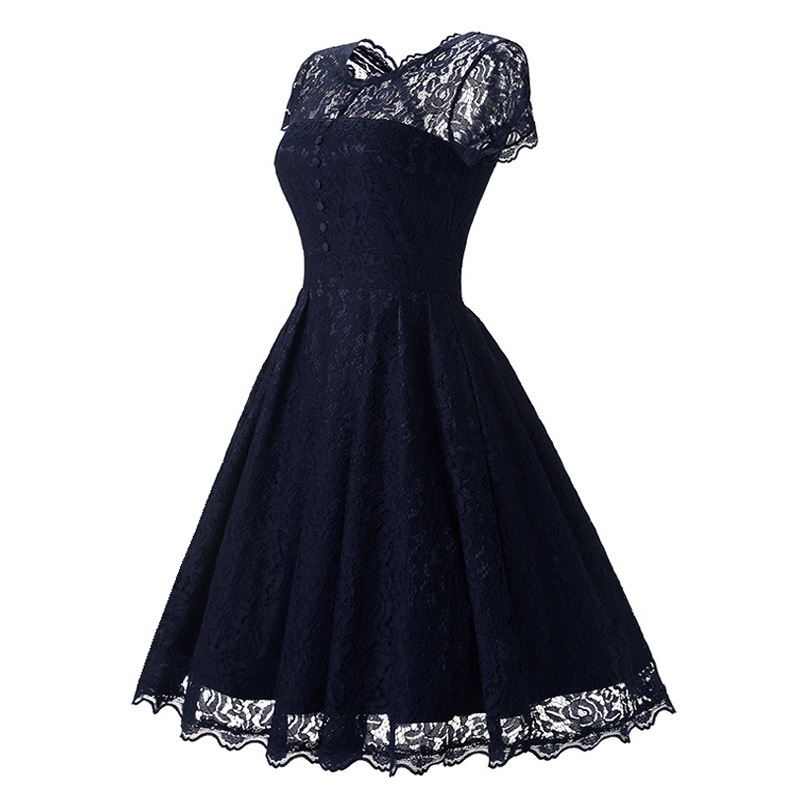 Women's Retro Short Sleeve Lace Slim Party Dress - Dark Blue on Luulla