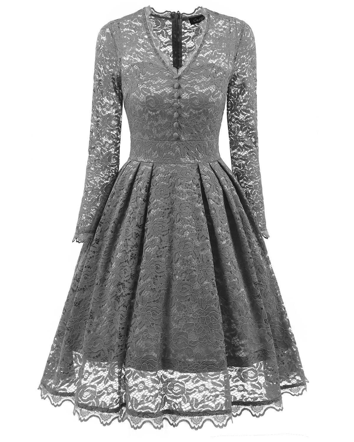 Grey V-neck Floral Lace A-line Short Dress With Long Sleeves , Homecoming Dress, Cocktail Dresses, Graduation Dresses