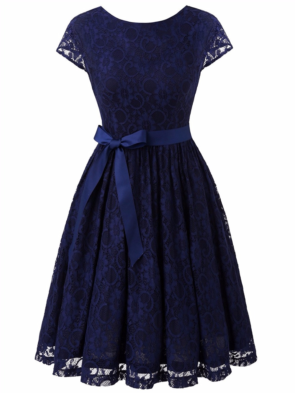 Dark Blue Scooped Neck Lace A-line Short Dress With V- Back , Homecoming Dress, Cocktail Dresses, Graduation Dresses