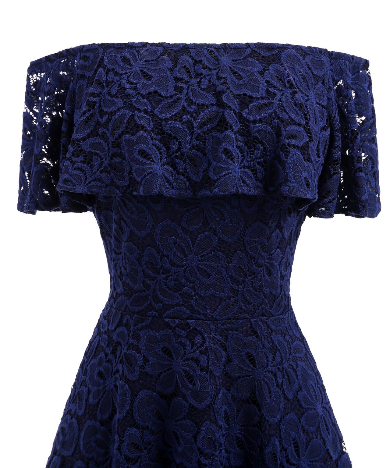 Dark Blue Off-Shoulder Lace Ruffled A-Line Dress , Homecoming Dress ...