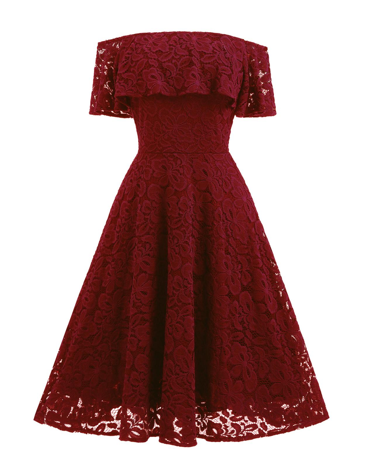 Women's Casual Off Shoulder Lace Swing Dress - Wine Red