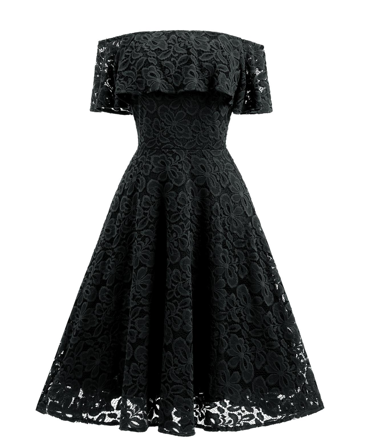Black Casual Dress Off Shoulder Lace A Line Midi Dress
