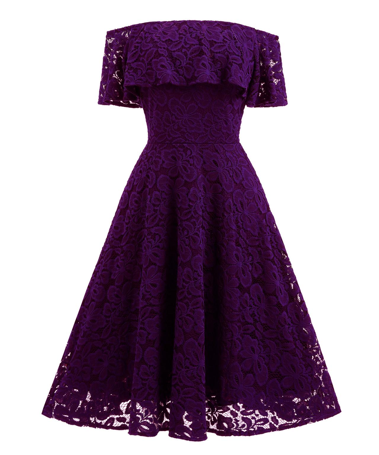 Shoulder Lace Swing Dress - Purple 