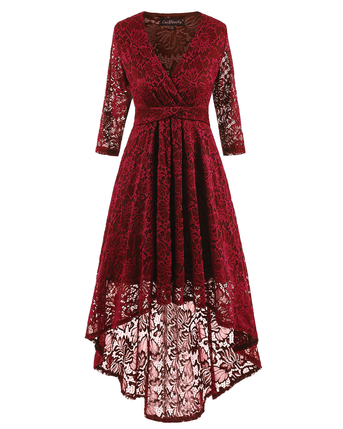 Women Half Sleeve Deep V Neck High Low Irregular Lace Party Dresses - Wine Red