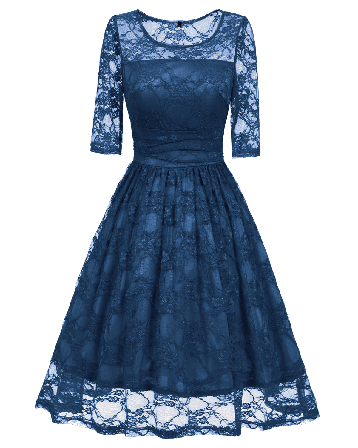 Women O Neck Half Sleeve Floral Lace Slim Ruched Sexy A Line Dress - Blue