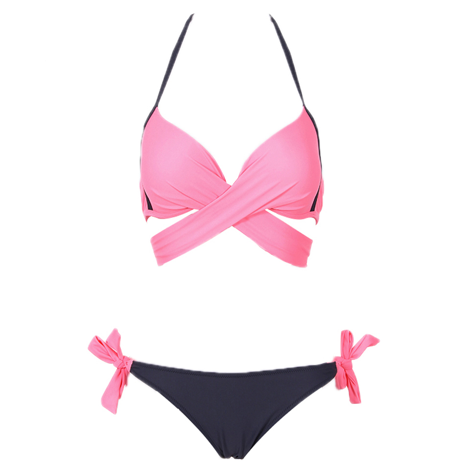 Cross Patchwork Women Swimwear Swimsuit Halter Top Bathing Suits - Pink