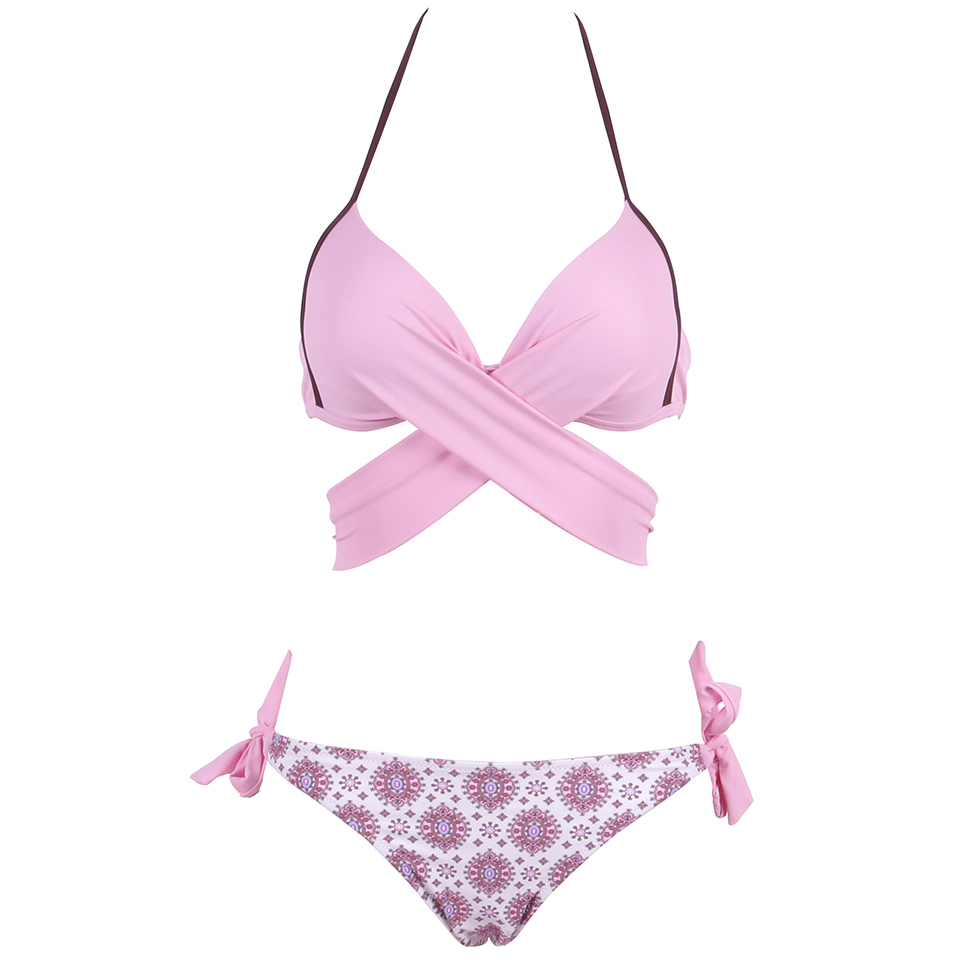 Sexy Bikini Women Swimsuit Push Up Swimwear Criss Cross Bandage Halter Bikini Set - Pink