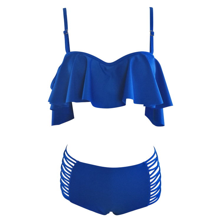 Ruffle Ruched Bandeau Vintage Bikinis Swimwear Women Bikini Set Solid Beach Bathing Suits - Blue