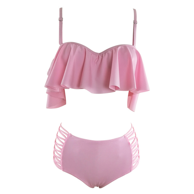  New Ruffle Ruched Bandeau Vintage Bikinis Swimwear Women Bikini Set Solid Beach Bathing Suits - Pink