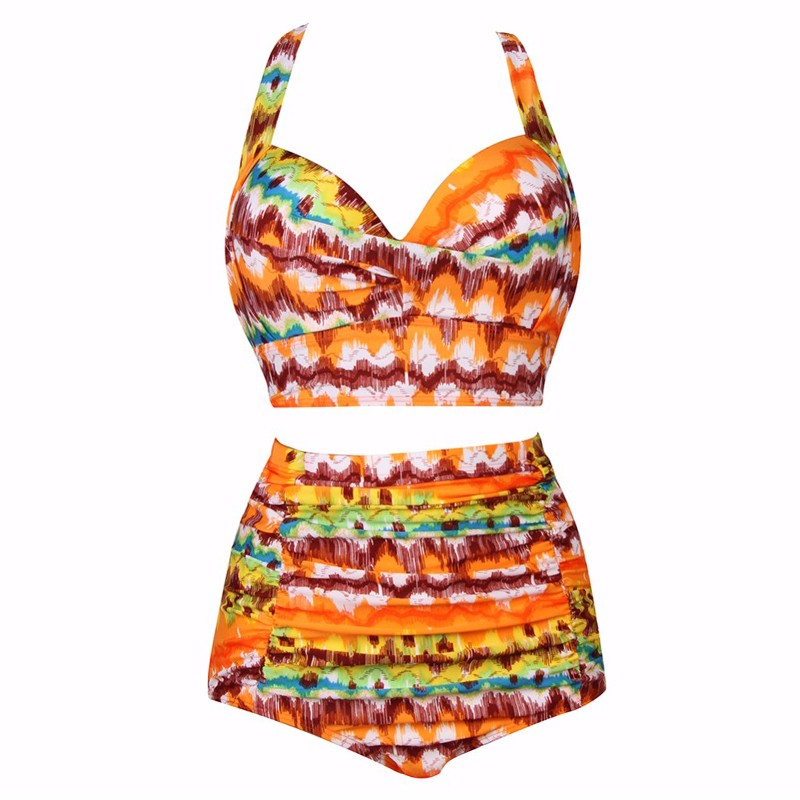 Bikinis High Waist Swimsuit Women Plus Size Swimwear Print Retro Floral Beach Push Up Bikini Set - Orange