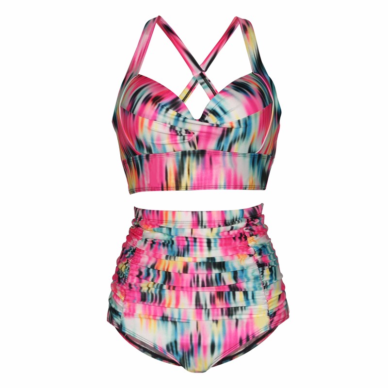 Bikinis High Waist Swimsuit Women Plus Size Swimwear Print Retro Floral Beach Push Up Bikini Set - Pink