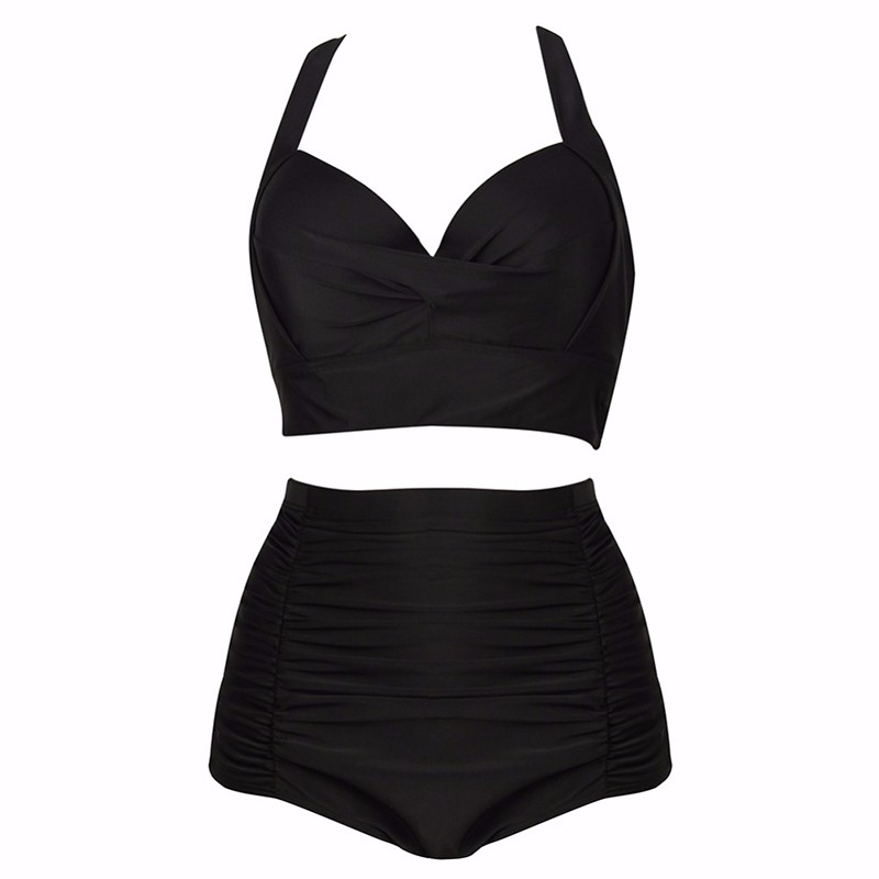 Bikinis High Waist Swimsuit Women Plus Size Swimwear Print Retro Floral Beach Push Up Bikini Set - Black