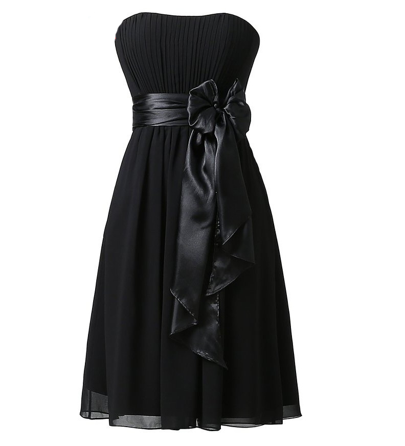 Black Chiffon Ruched Strapless Straight-across Short A-line Bridesmaid Dress Featuring Bow Accent Belt