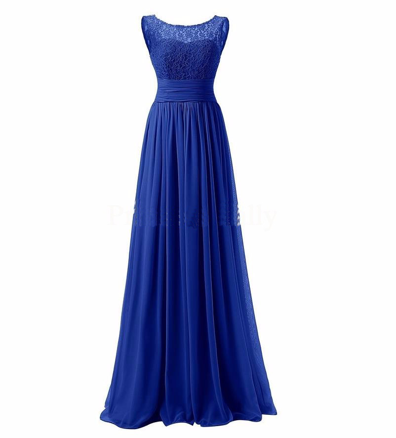 Long Prom Dress Scoop Bridesmaid Dress Lace Chiffon Evening Gown - Blue