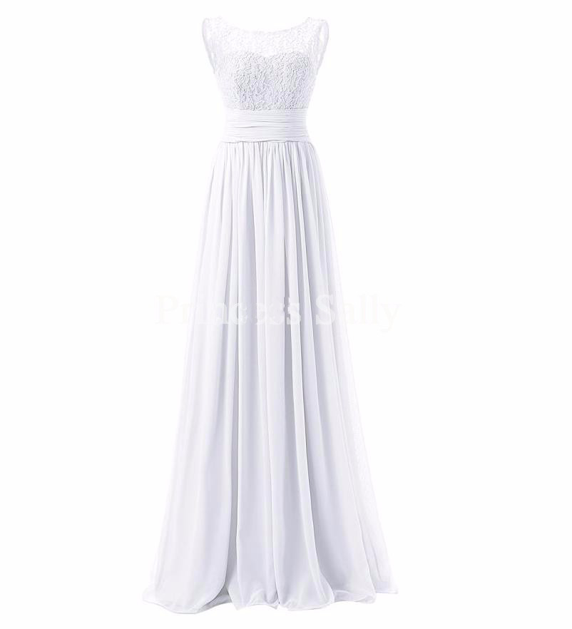 Long Prom Dress Scoop Bridesmaid Dress Lace Chiffon Evening Gown - White