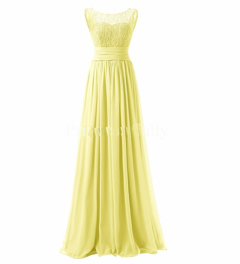 Long Prom Dress Scoop Bridesmaid Dress Lace Chiffon Evening Gown - Yellow