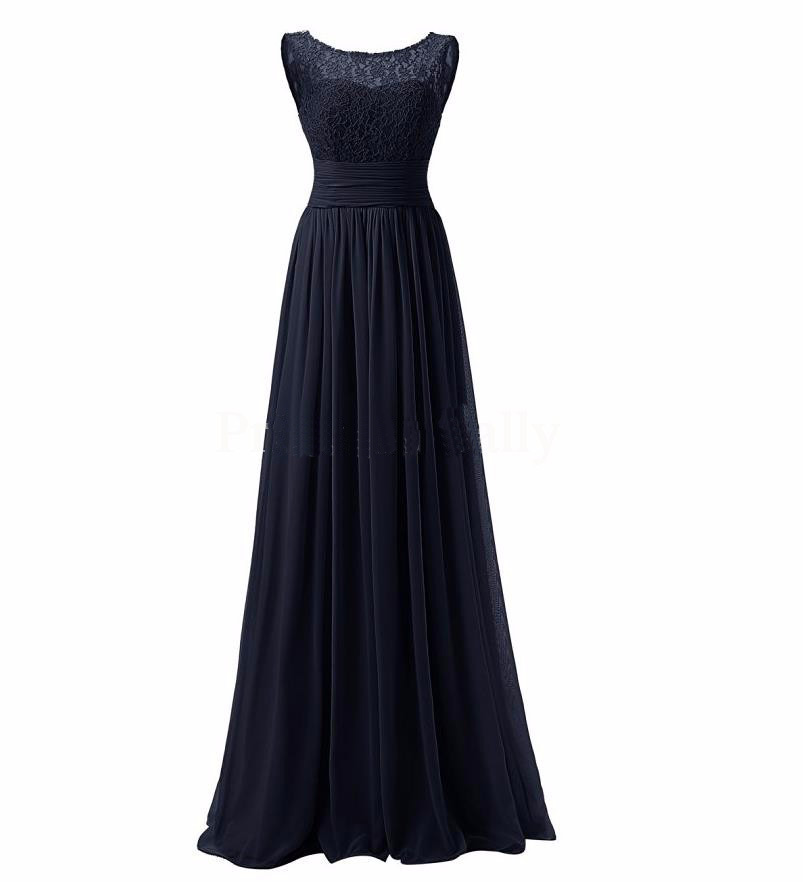 Long Prom Dress Scoop Bridesmaid Dress Lace Chiffon Evening Gown - Navy Blue