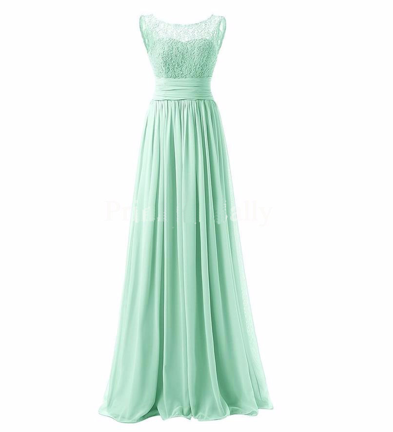 Long Prom Dress Scoop Bridesmaid Dress Lace Chiffon Evening Gown - Light Green