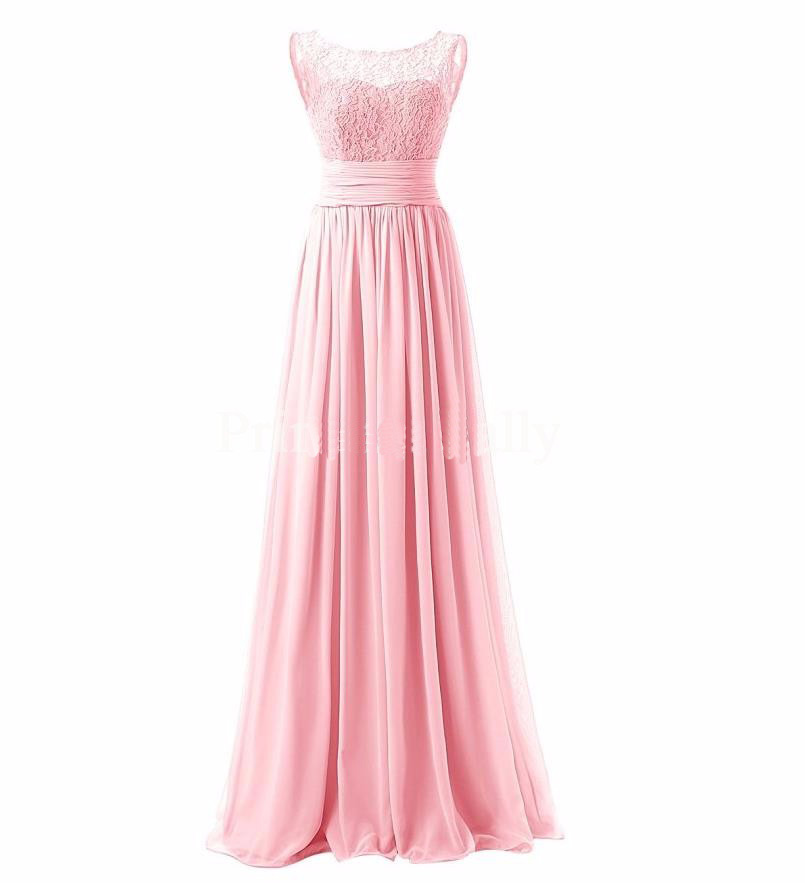 Long Prom Dress Scoop Bridesmaid Dress Lace Chiffon Evening Gown - Pink