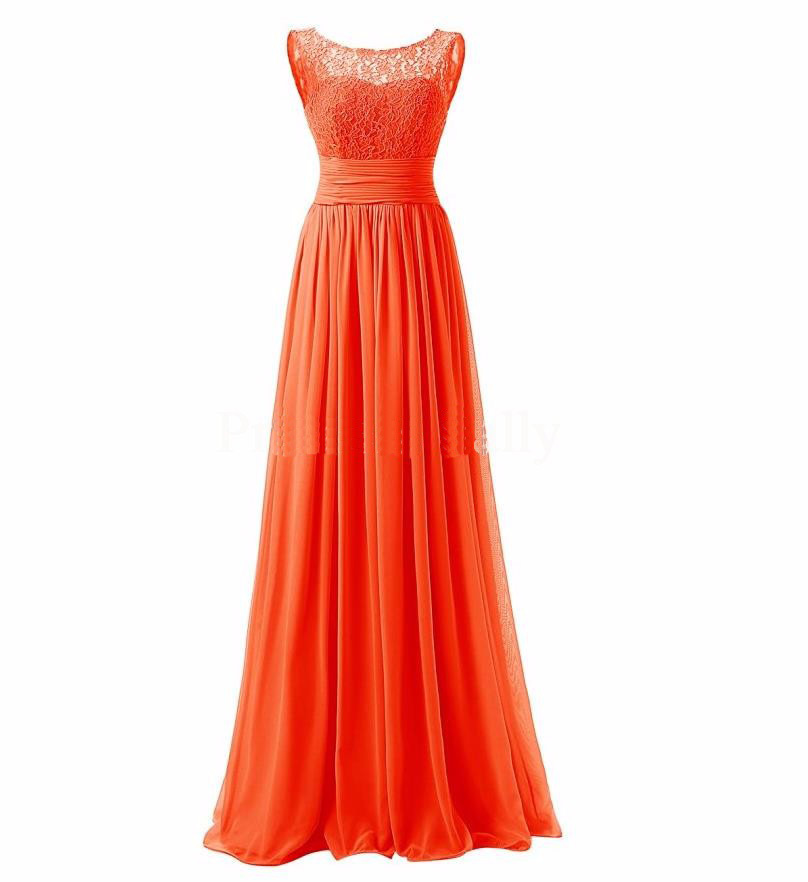 Long Prom Dress Scoop Bridesmaid Dress Lace Chiffon Evening Gown - Orange