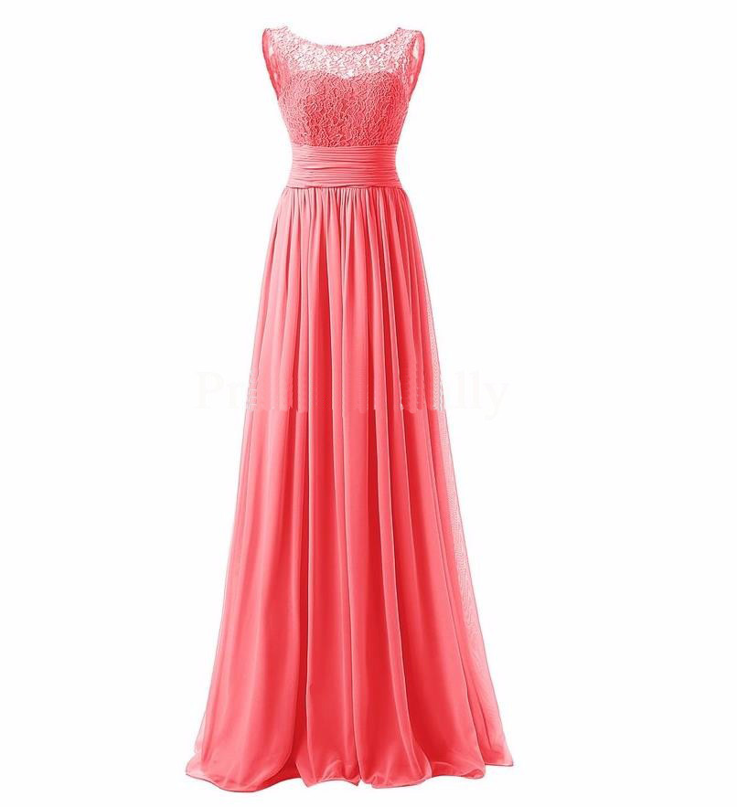 Long Prom Dress Scoop Bridesmaid Dress Lace Chiffon Evening Gown - Watermelon Red
