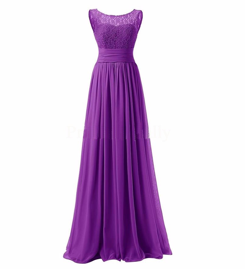 Long Prom Dress Scoop Bridesmaid Dress Lace Chiffon Evening Gown - Purple