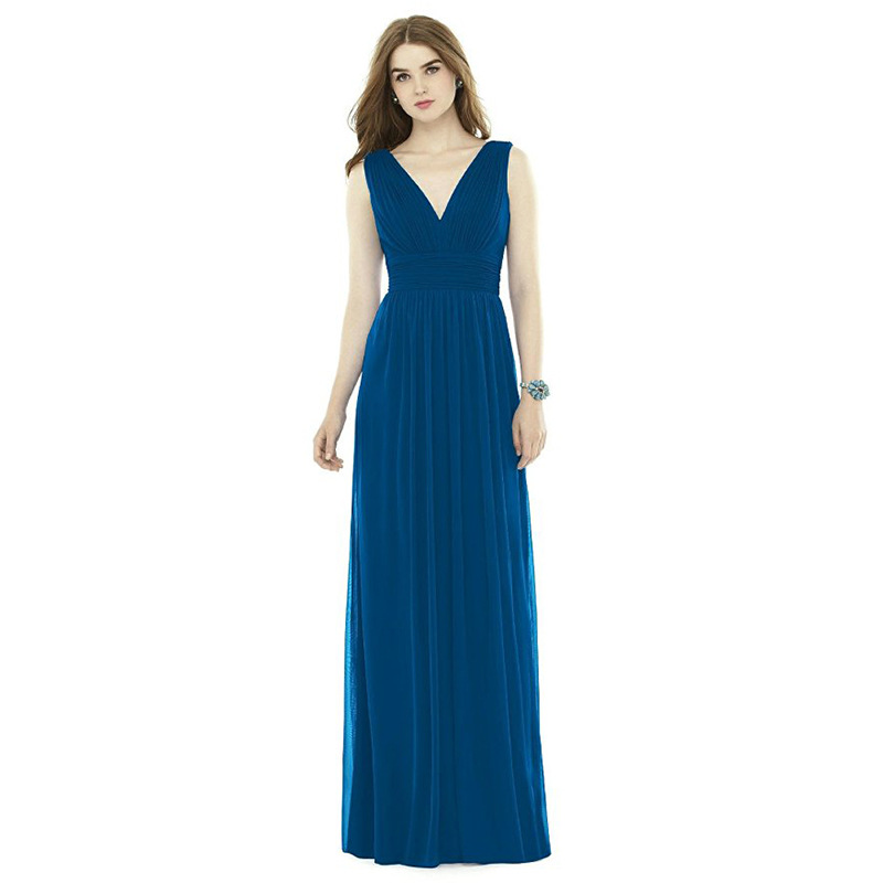 A-line V Neck Women Pleated Formal Bridesmaid Wedding Party Gowns - Blue