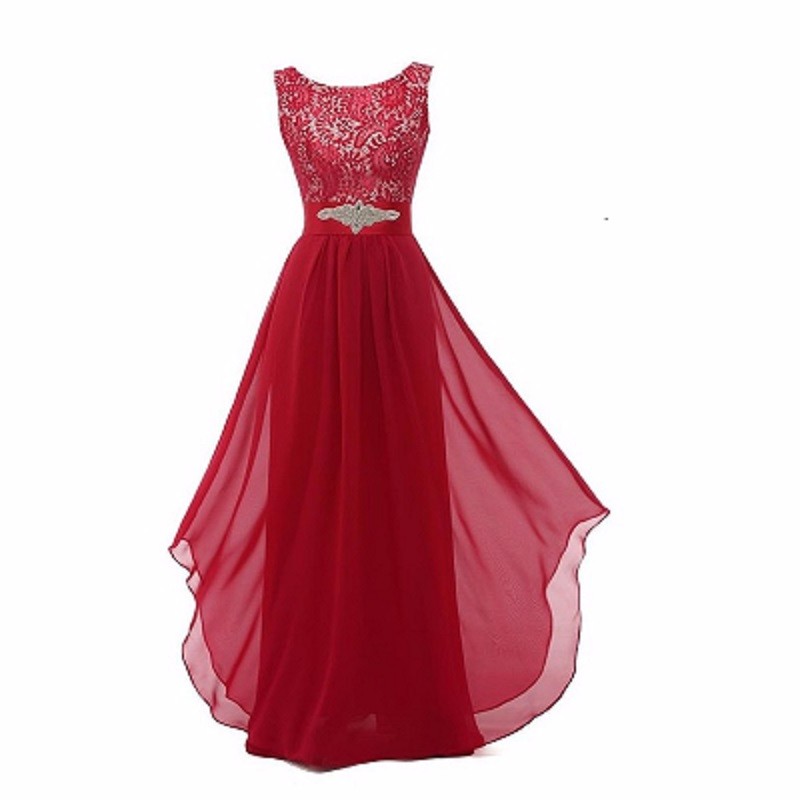 Lace Patchwork Long Ruffles Evening Backless Prom Dress - Red