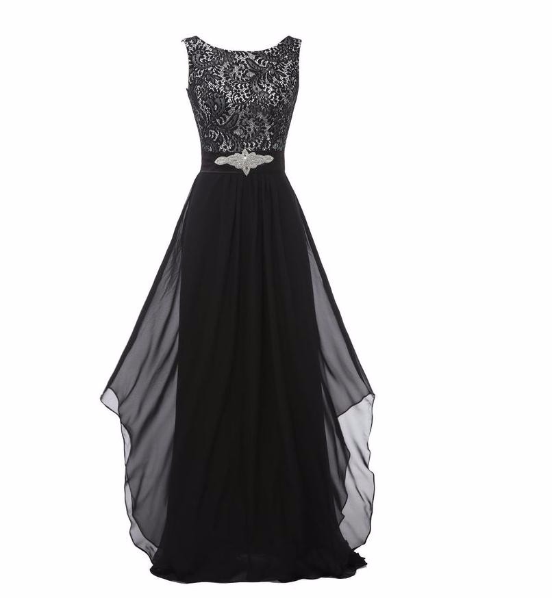 Lace Patchwork Long Ruffles Evening Backless Prom Dress - Black