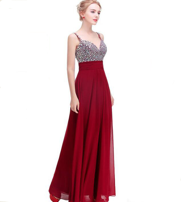 Luxury Prom Dress Long Sexy Backless Beading Sweetheart Chiffon Formal Elegant Bride Evening Party Gowns - Wine Red