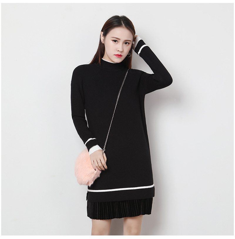 Women's Long Sleeve Knitted Casual Turtleneck Sweater - Black