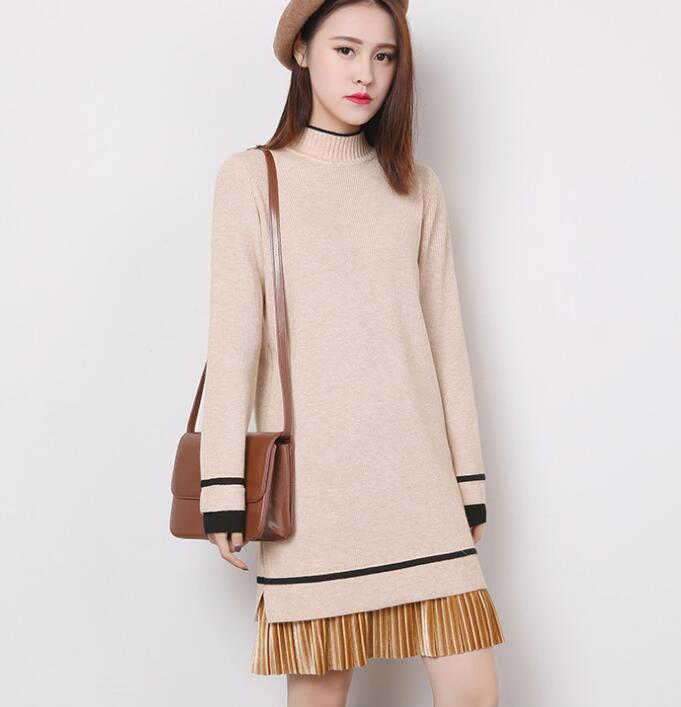 Women's Long Sleeve Knitted Casual Turtleneck Sweater - Beige