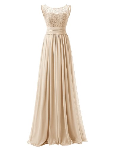 Long Prom Dress Scoop Bridesmaid Dress Lace Chiffon Evening Gown - Khaki