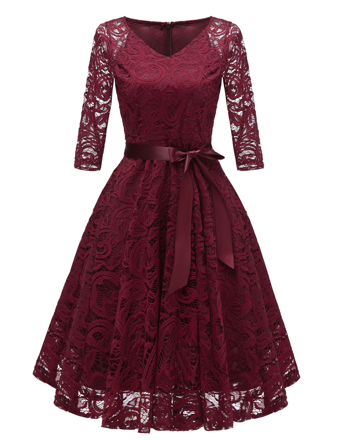 Women's Vintage 3/4 Sleeve V Neck Belt Tunic Slim Swing Lace A Line Dress - Wine Red