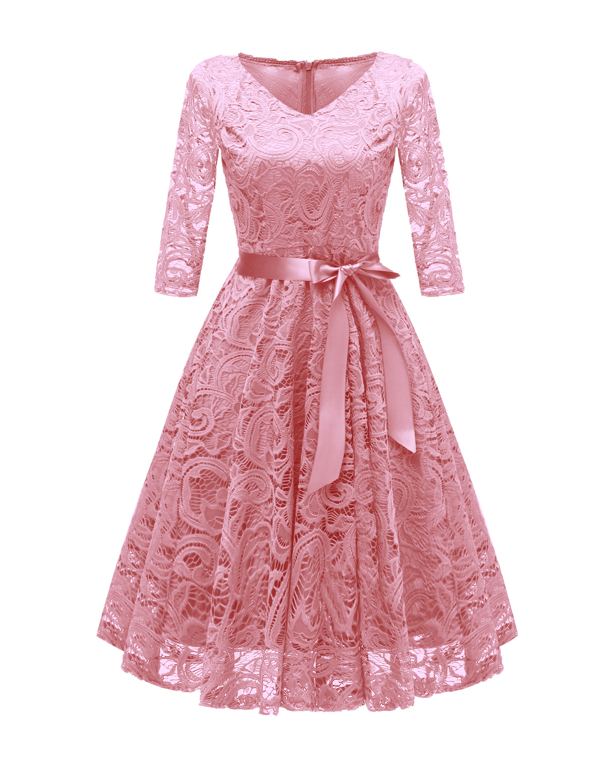 Women's Vintage 3/4 Sleeve V Neck Belt Tunic Slim Swing Lace A Line Dress - Pink