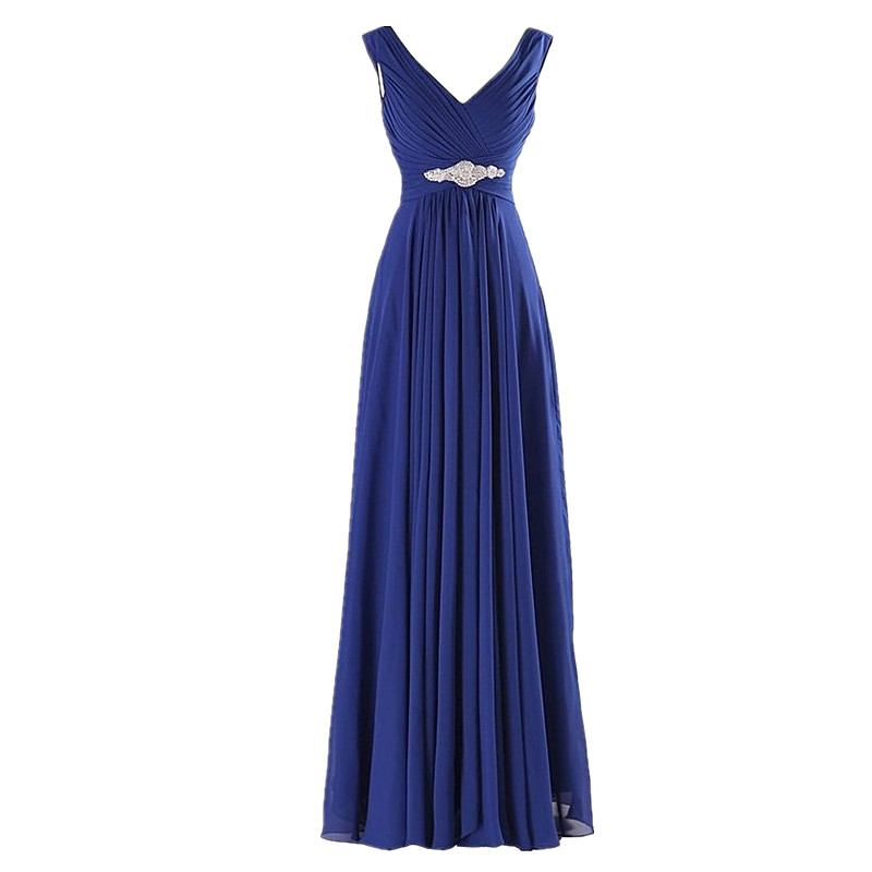 A-line Evening Dresses Long Elegant Pleat Chiffon V-neck Beading Party Prom Dress - Blue