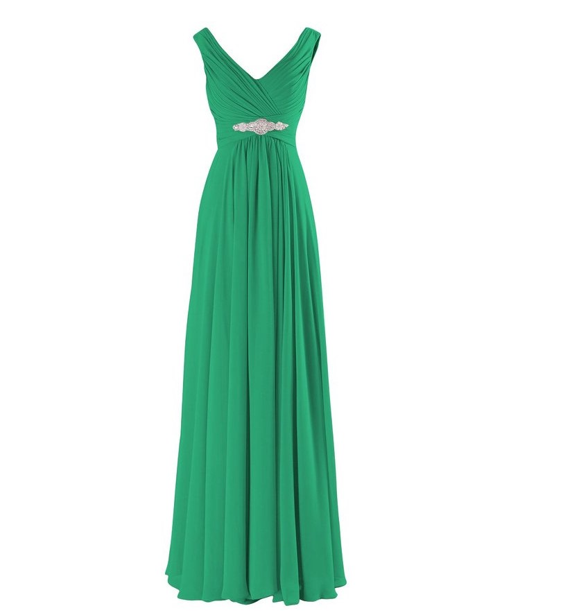 A-line Evening Dresses Long Elegant Pleat Chiffon V-neck Beading Party Prom Dress - Green
