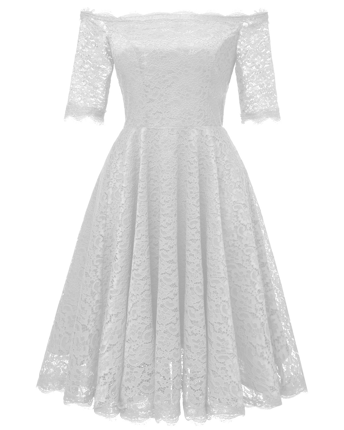 Fashion Off Shoulder Half Sleeve Floral Lace Dress Party Dress - White