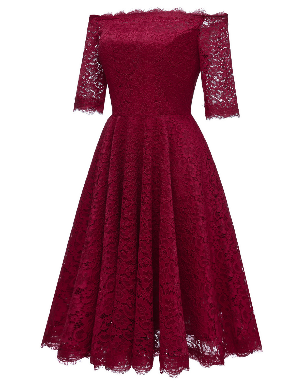 Fashion Off Shoulder Half Sleeve Floral Lace Dress Party Dress - Wine ...