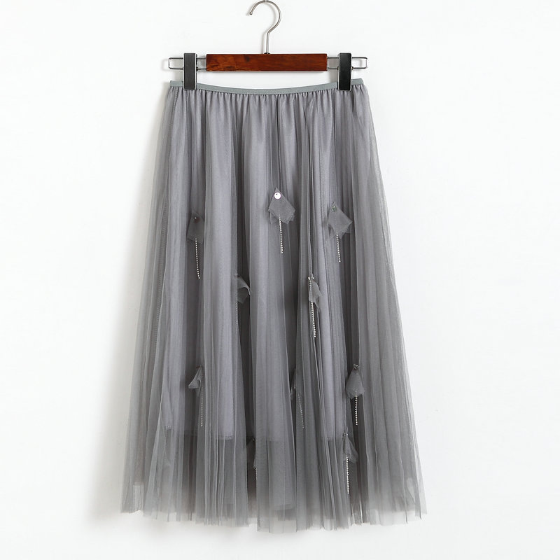 Women Elegant Gauze Beaded High-waisted Skirt - Grey
