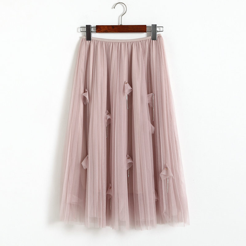 Women Elegant Gauze Beaded High-Waisted Skirt - Pink