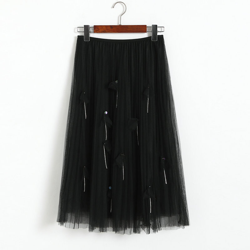 Women Elegant Gauze Beaded High-waisted Skirt - Black