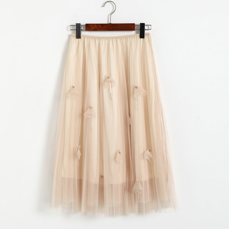 Women Elegant Gauze Beaded High-waisted Skirt - Beige