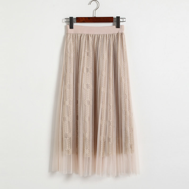 Women Gauze Elastic Waist Skirt - Beige