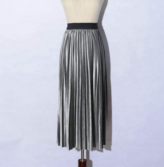 Women Retro Pleated Skirt High Waist Maxi Dress - Silver
