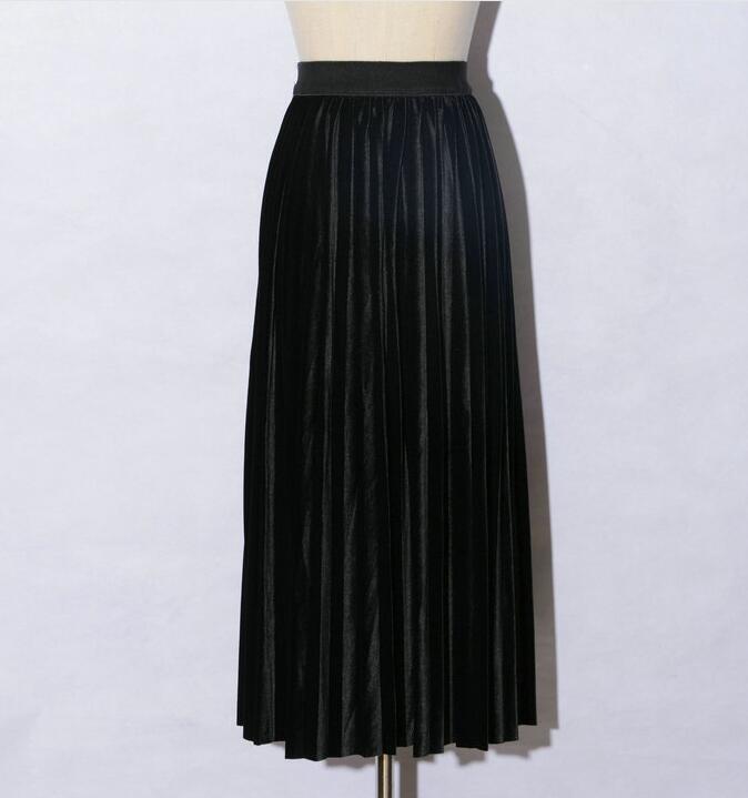 Women Retro Pleated Skirt High Waist Maxi Dress - Black