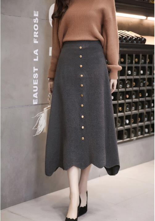 Women High Waist Knit Winter A Line Midi Skirt - Grey