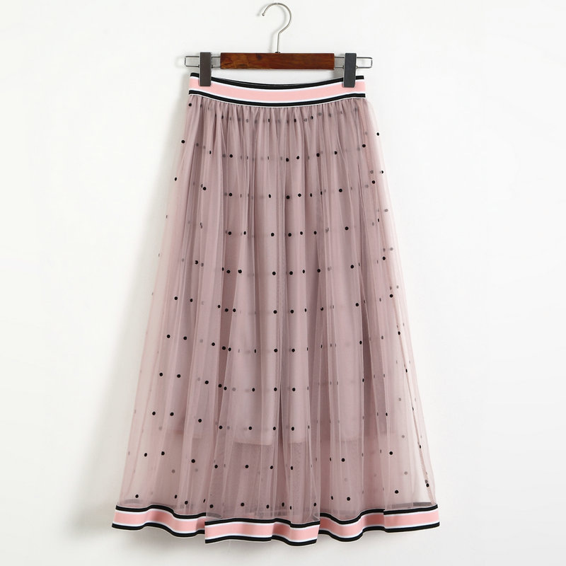 Women Gauze Polka Dot Print High Elastic Waist Skirt - Pink