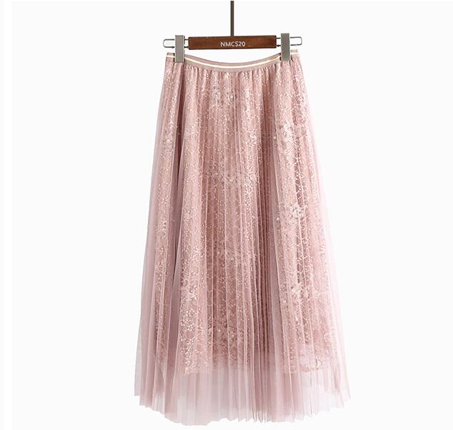 Women Beading Elastic Waist Mesh Pleated Skirt - Pink